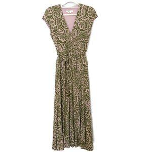 Boden Paisley Cap Sleeve Green and Blush Pink Belted Maxi Dress Size 6